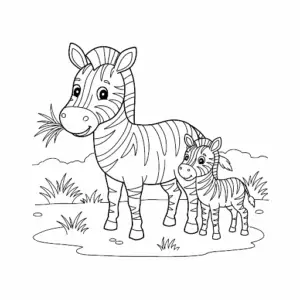 דף צביעה של זברה אוכלת עם הגור שלה להדפסה