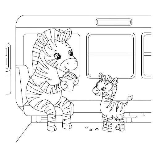דף צביעה של זברה עם הגור שלה ברכבת להדפסה
