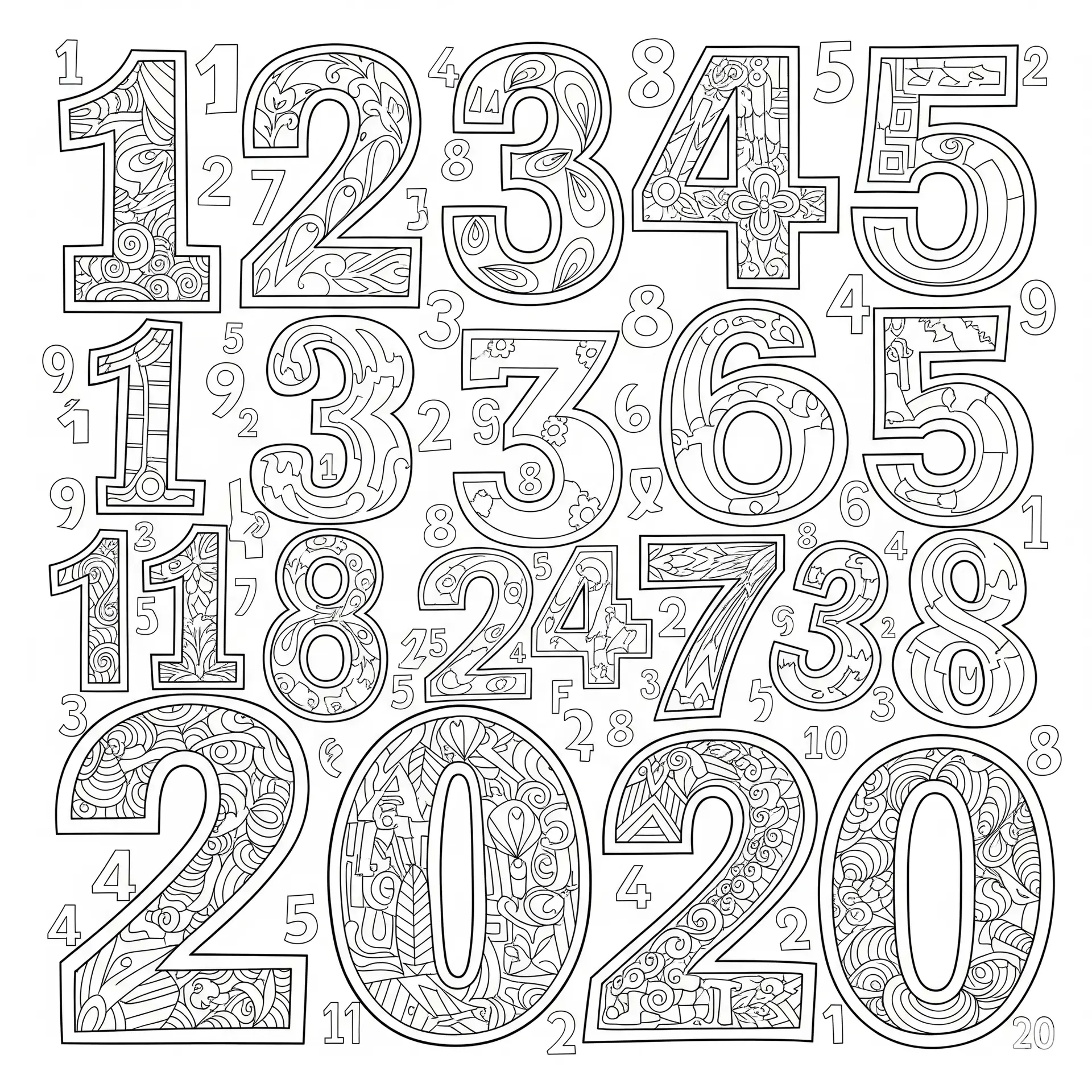 דף צביעה של קולאז׳ מספרים להדפסה