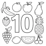 דף צביעה של המספר 10 ופירות להדפסה