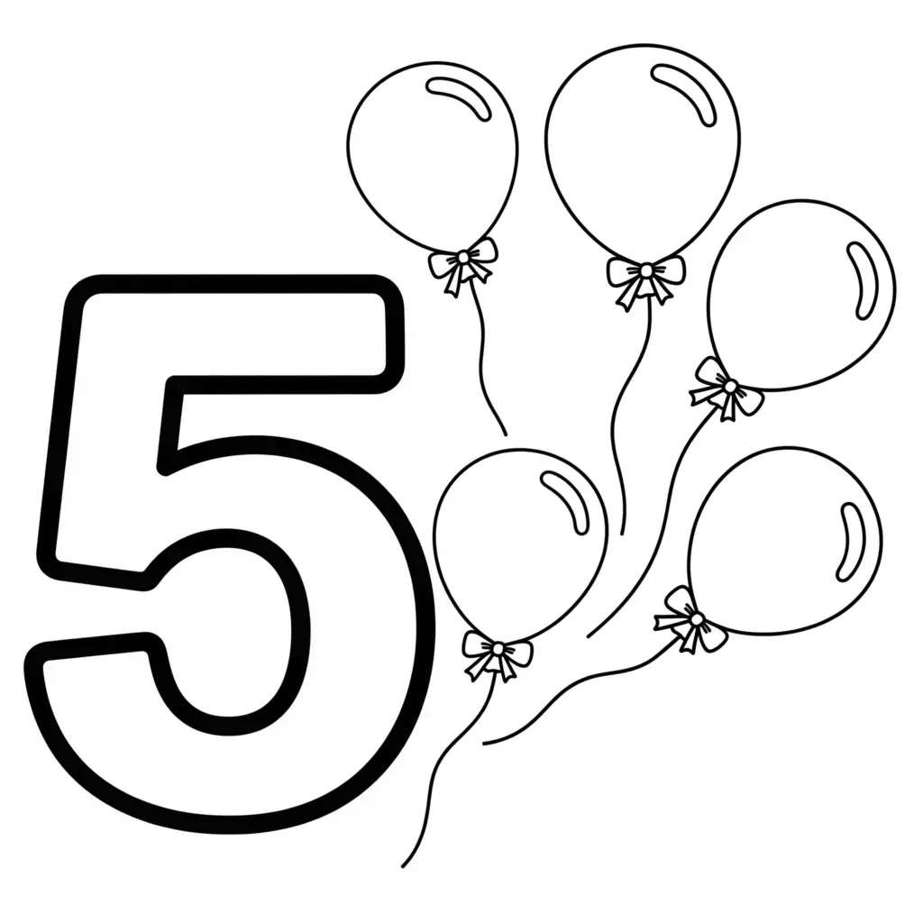 דף צביעה של המספר 5 ובלונים