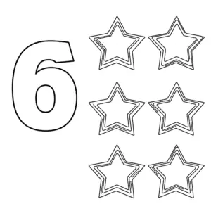 דף צביעה של המספר 6 וכוכבים