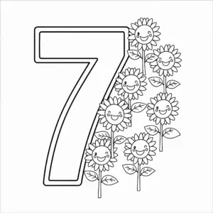 דף צביעה של המספר 7 וחמניות