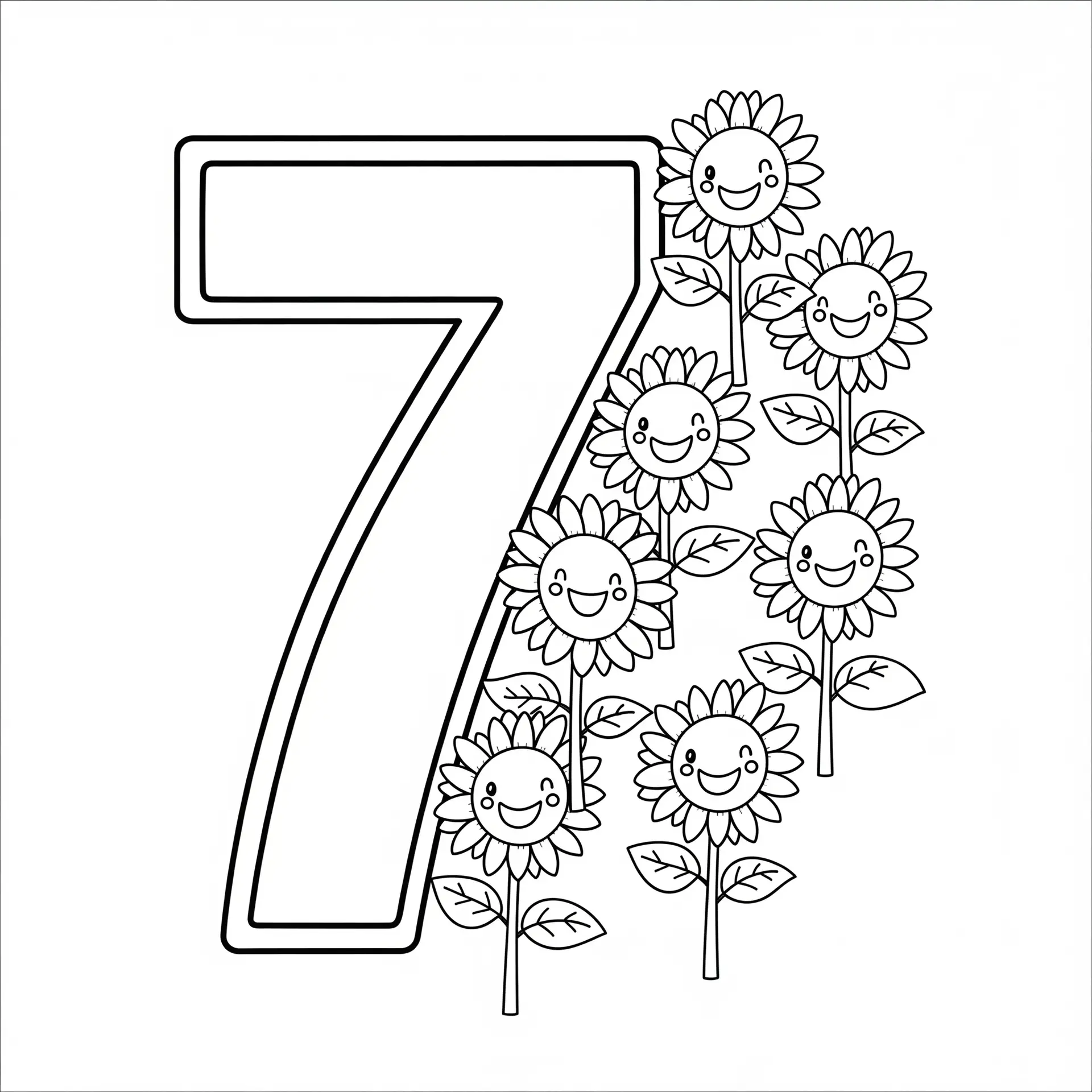 דף צביעה של המספר 7 וחמניות