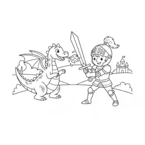 דף צביעה של אביר נלחם בדרקון להדפסה