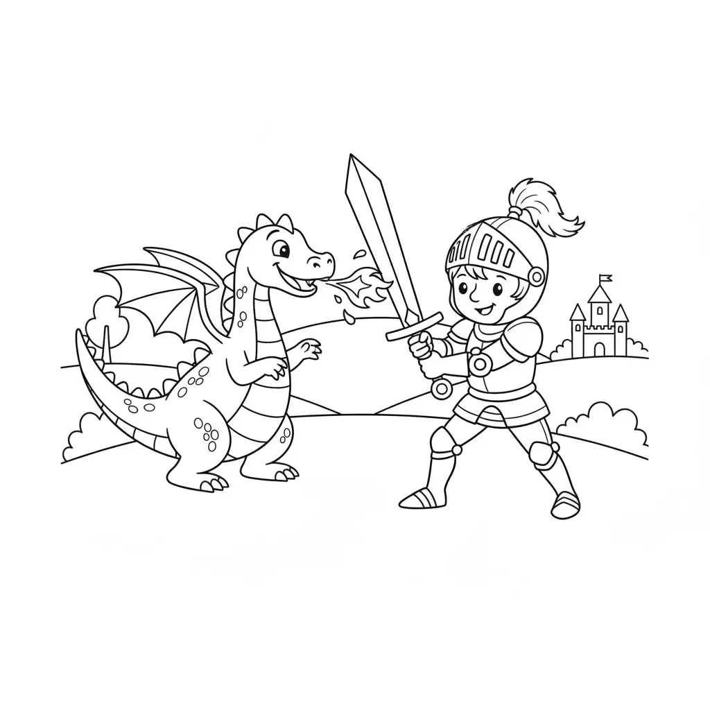 דף צביעה של אביר נלחם בדרקון להדפסה