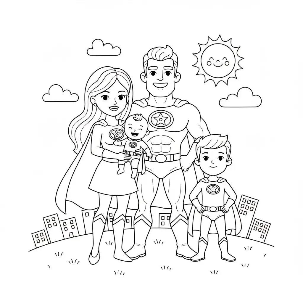 דף צביעה של משפחת גיבורי על להדפסה