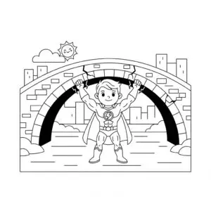 דף צביעה של ילד גיבור על מחזיק גשר להדפסה