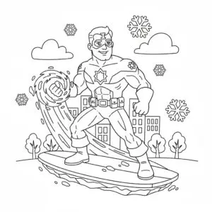 דף צביעה של גיבור על גולש על קרח להדפסה