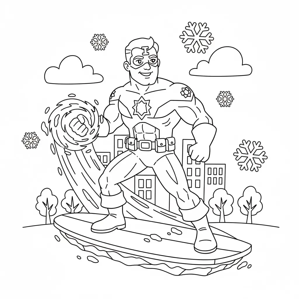 דף צביעה של גיבור על גולש על קרח להדפסה