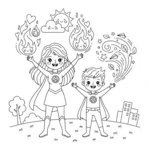 דף צביעה של גיבורי על אמא האש וילד הרוח להדפסה
