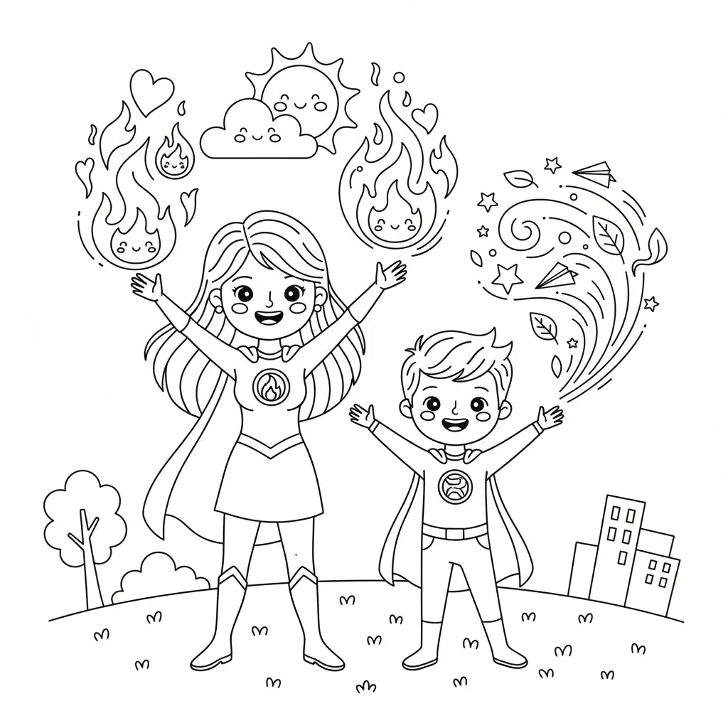 דף צביעה של גיבורי על אמא האש וילד הרוח להדפסה