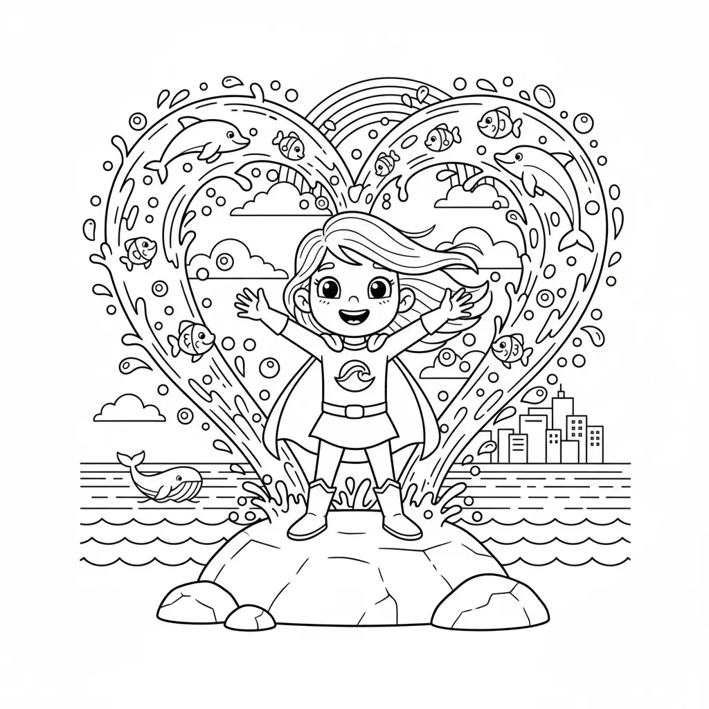 דף צביעה של גיבורת על ילדת המים להדפסה