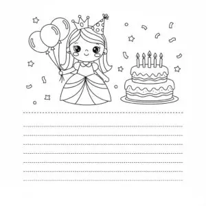 דף צביעה של כרטיס ברכה נסיכה ביום הולדת להדפסה