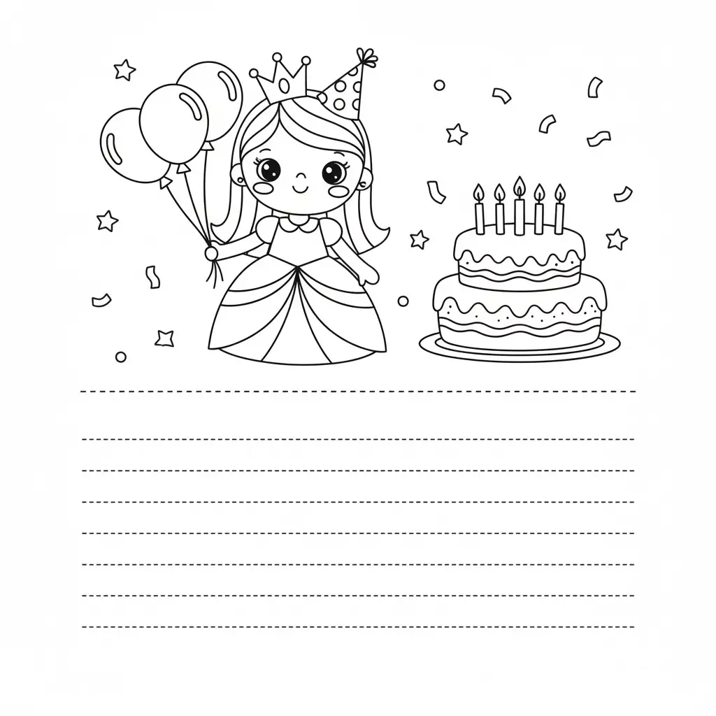 דף צביעה של כרטיס ברכה נסיכה ביום הולדת להדפסה