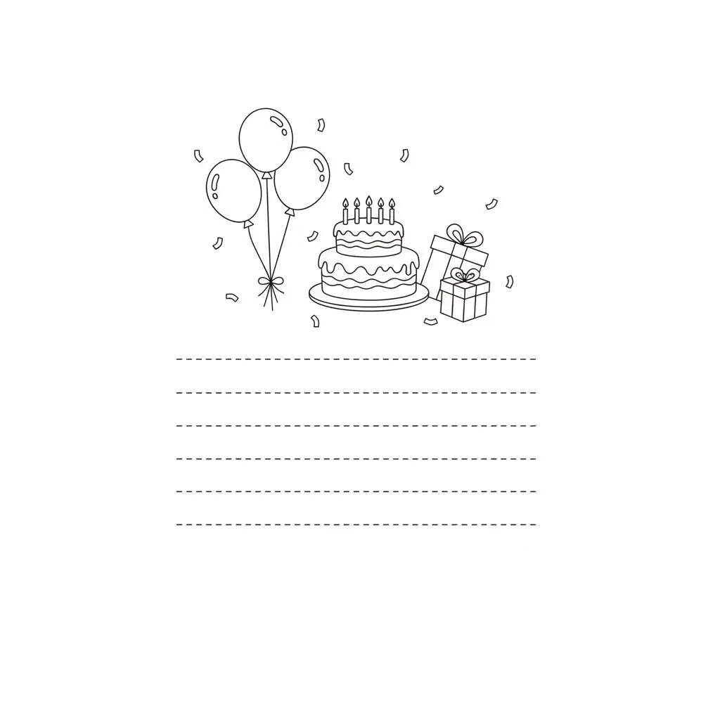 דף צביעה של כרטיס ברכה עוגה ובלונים להדפסה