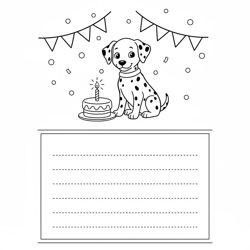 דף צביעה של כרטיס ברכה כלב דלמטי להדפסה