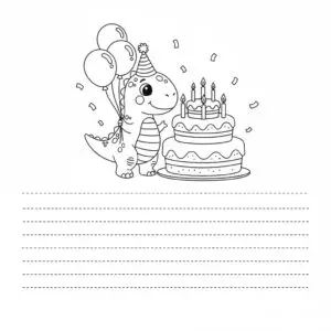 דף צביעה של כרטיס ברכה דינוזאור להדפסה