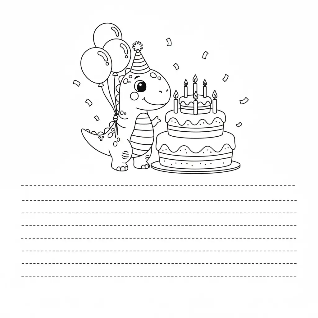 דף צביעה של כרטיס ברכה דינוזאור להדפסה