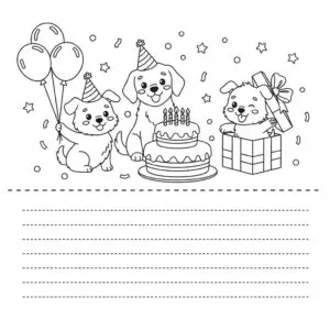 דף צביעה של כרטיס ברכה כלבלבים ועוגה להדפסה