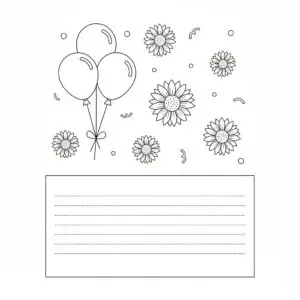 דף צביעה של כרטיס ברכה פרחים ובלונים להדפסה