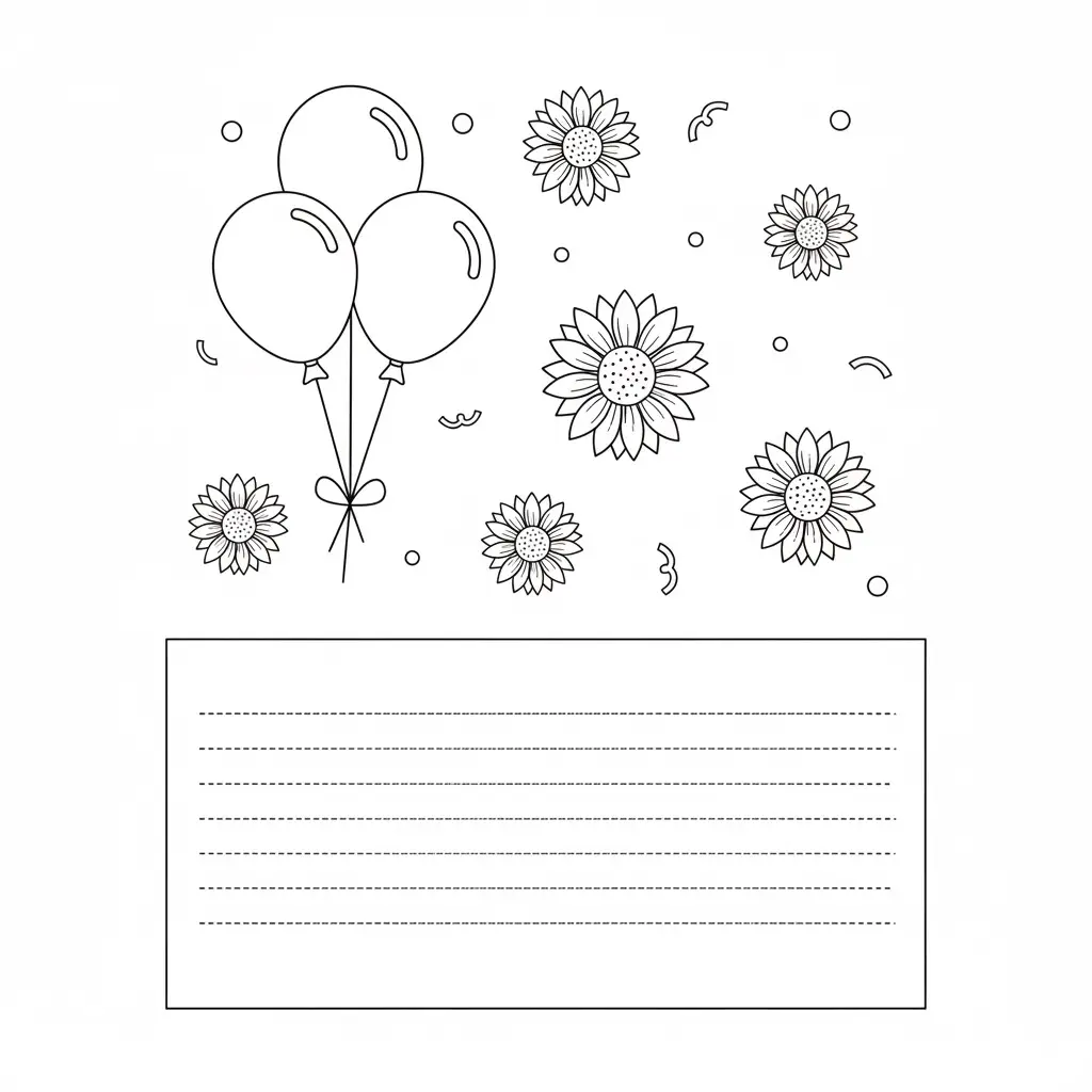 דף צביעה של כרטיס ברכה פרחים ובלונים להדפסה