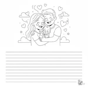 דף צביעה של כרטיס ברכה משפחה מאושרת להדפסה