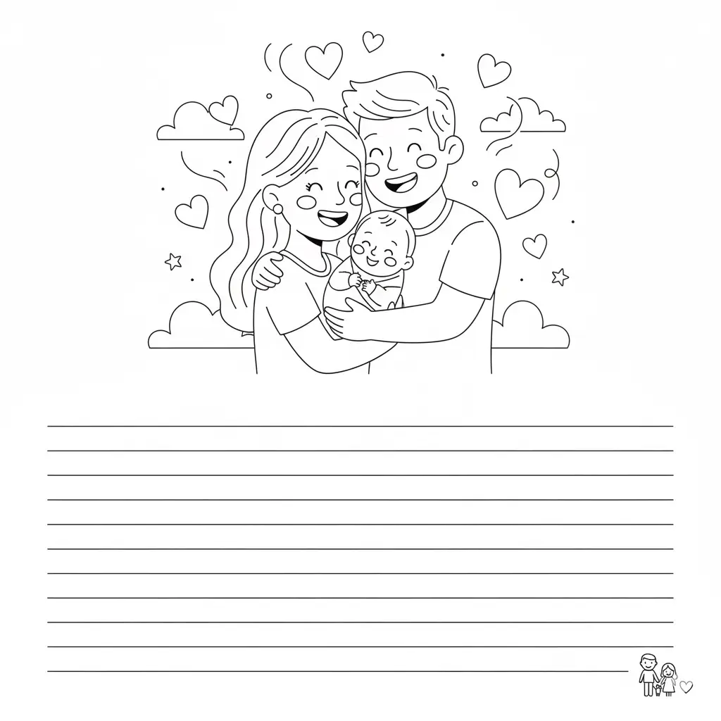 דף צביעה של כרטיס ברכה משפחה מאושרת להדפסה