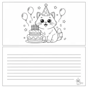 דף צביעה של כרטיס ברכה חתלתול ועוגה להדפסה