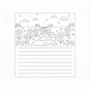 דף צביעה של כרטיס ברכה שביל ופרחים להדפסה