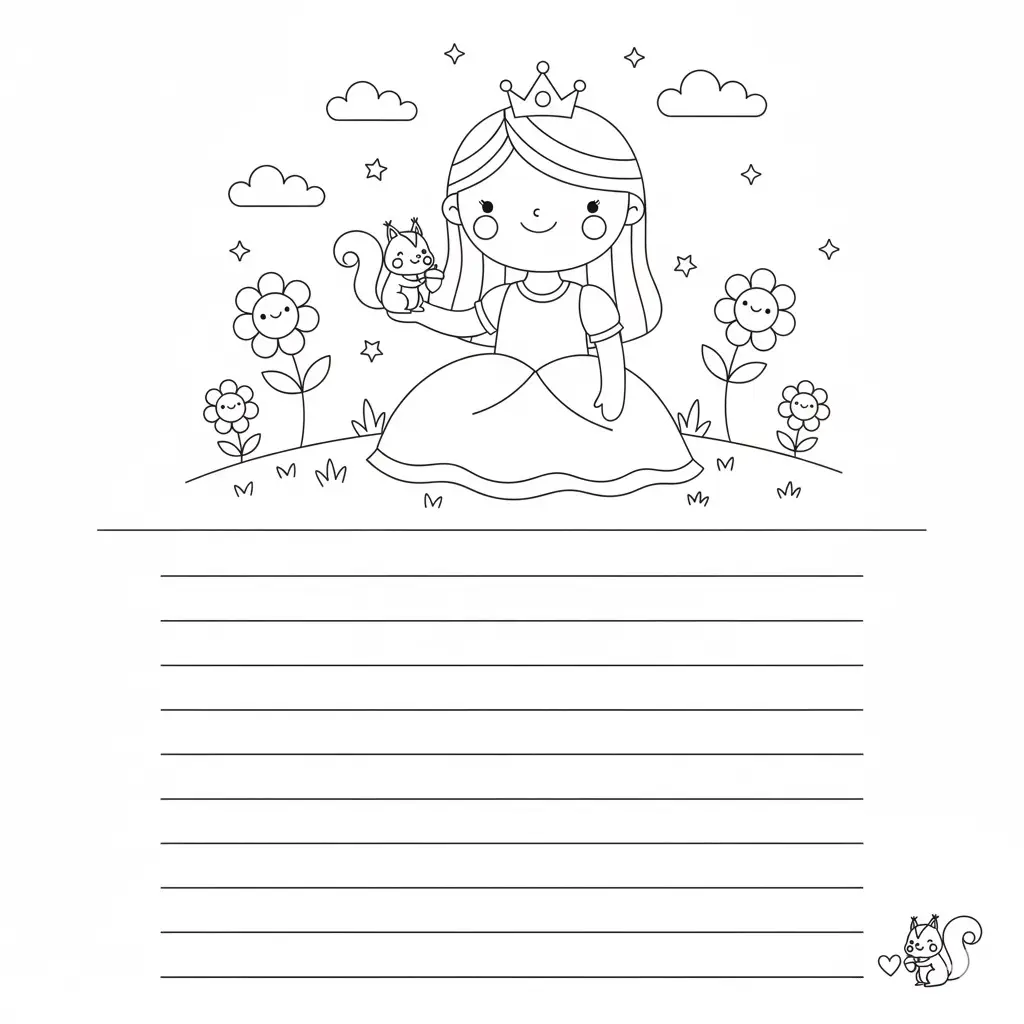 דף צביעה של כרטיס ברכה נסיכה להדפסה