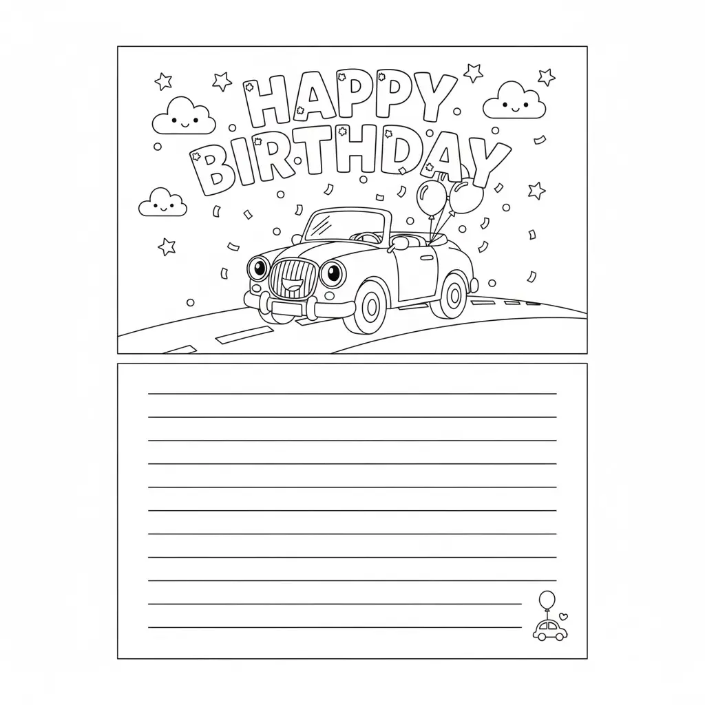 דף צביעה של כרטיס ברכה מכונית מרוץ להדפסה