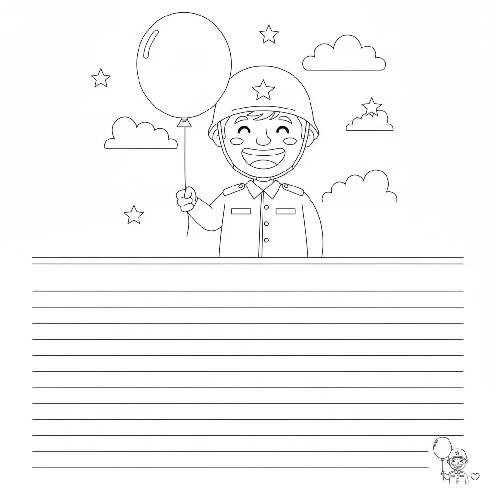 דף צביעה של כרטיס ברכה חייל ובלון להדפסה