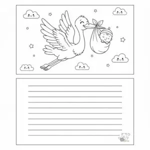 דף צביעה של כרטיס ברכה חסידה ותינוק להדפסה