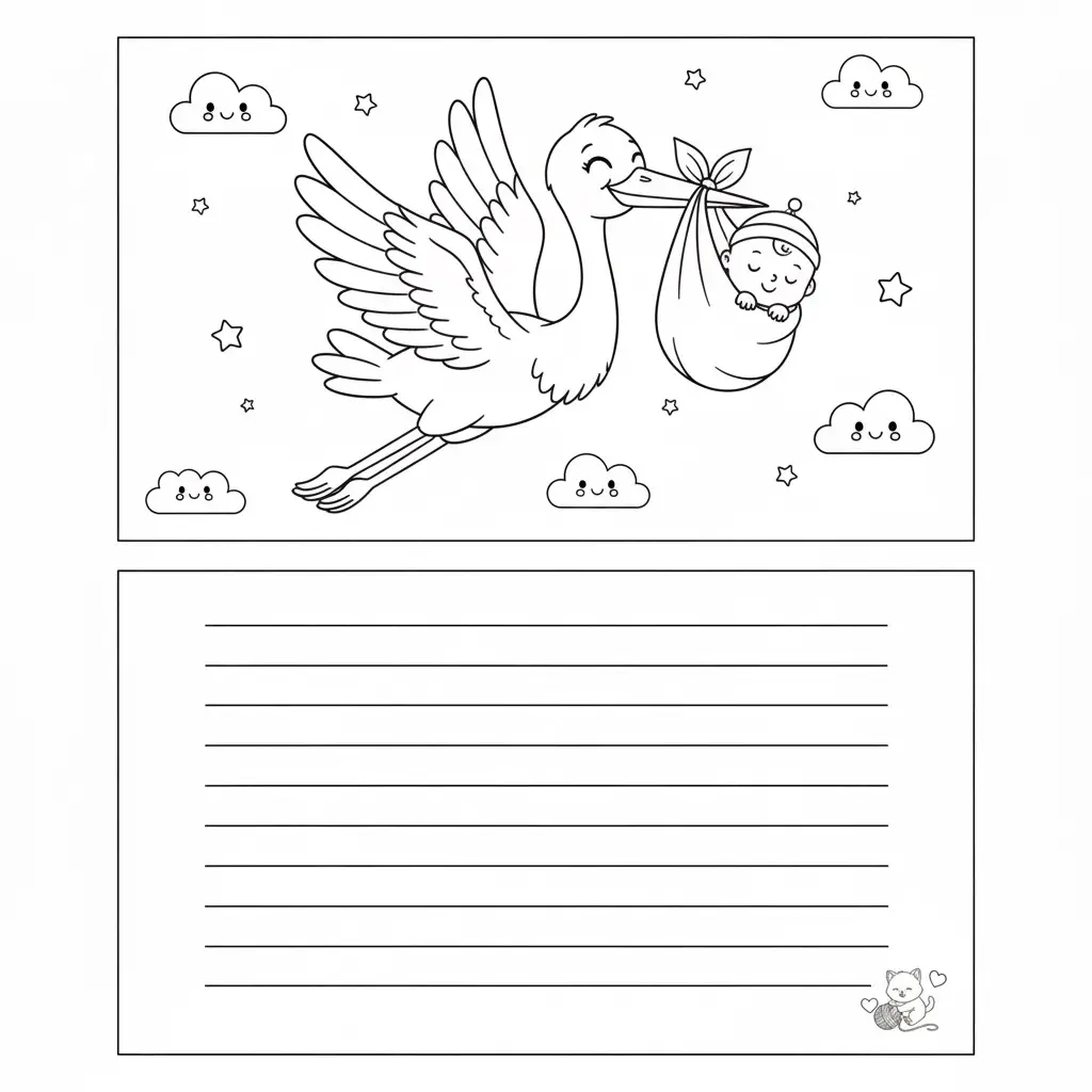 דף צביעה של כרטיס ברכה חסידה ותינוק להדפסה