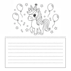 דף צביעה של כרטיס ברכה חד קרן להדפסה