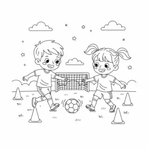 דף צביעה של ילד וילדה באימון כדורגל להדפסה