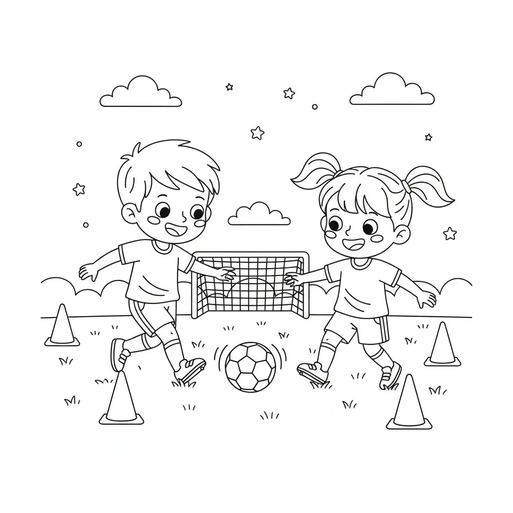 דף צביעה של ילד וילדה באימון כדורגל להדפסה