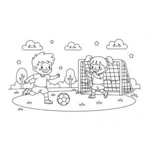 דף צביעה של ילד וילדה משחקים כדורגל להדפסה