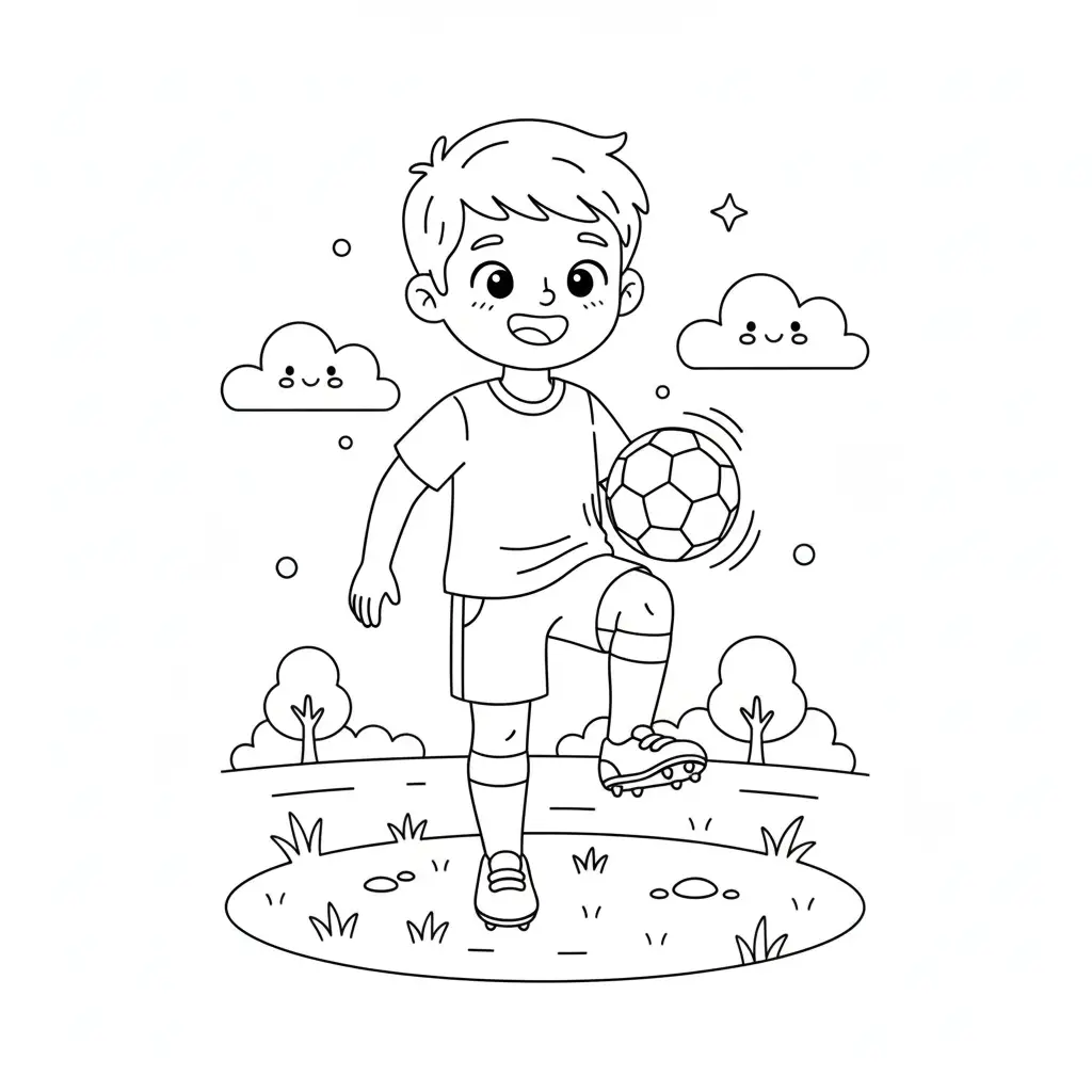 דף צביעה של ילד מקפיץ כדור על הברך להדפסה