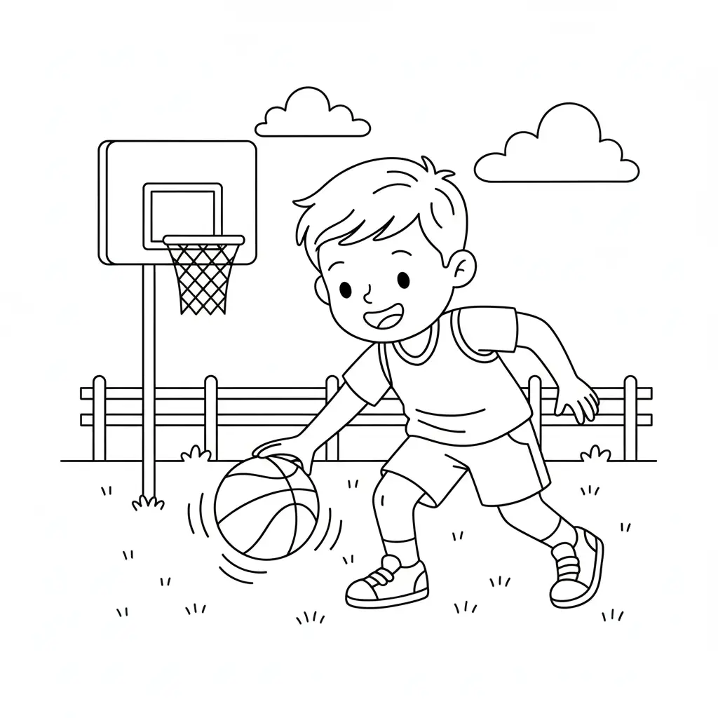 דף צביעה של ילד מכדרר כדור להדפסה