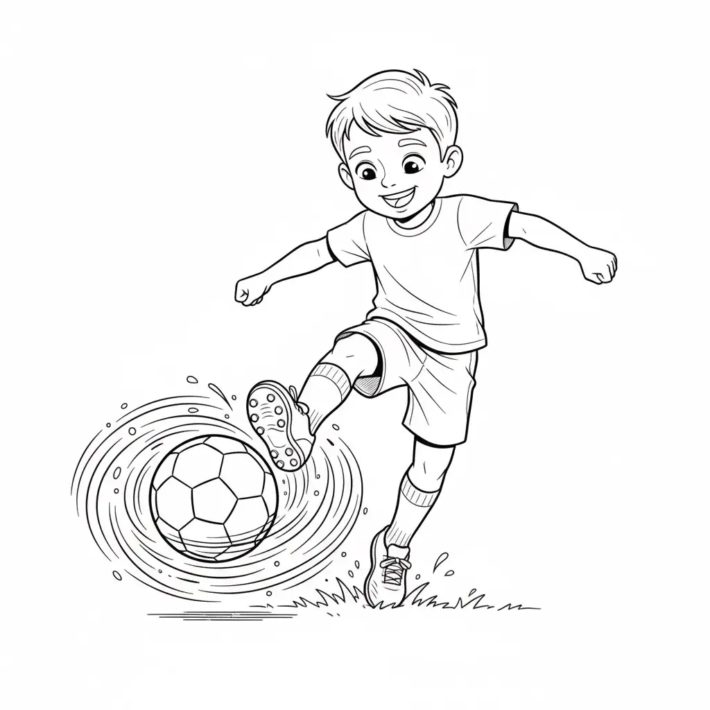 דף צביעה של ילד בועט בכדור להדפסה