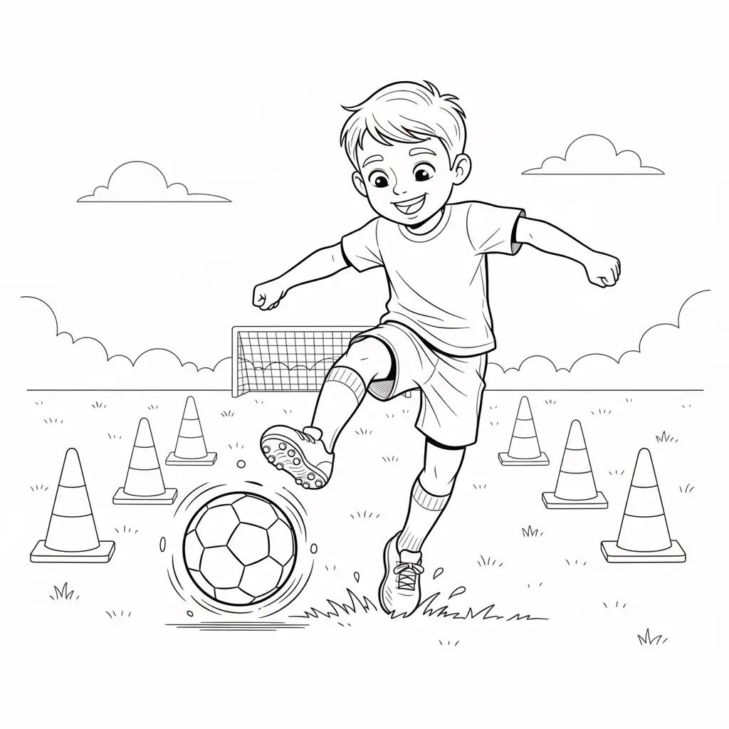 דף צביעה של ילד באימון כדורגל להדפסה