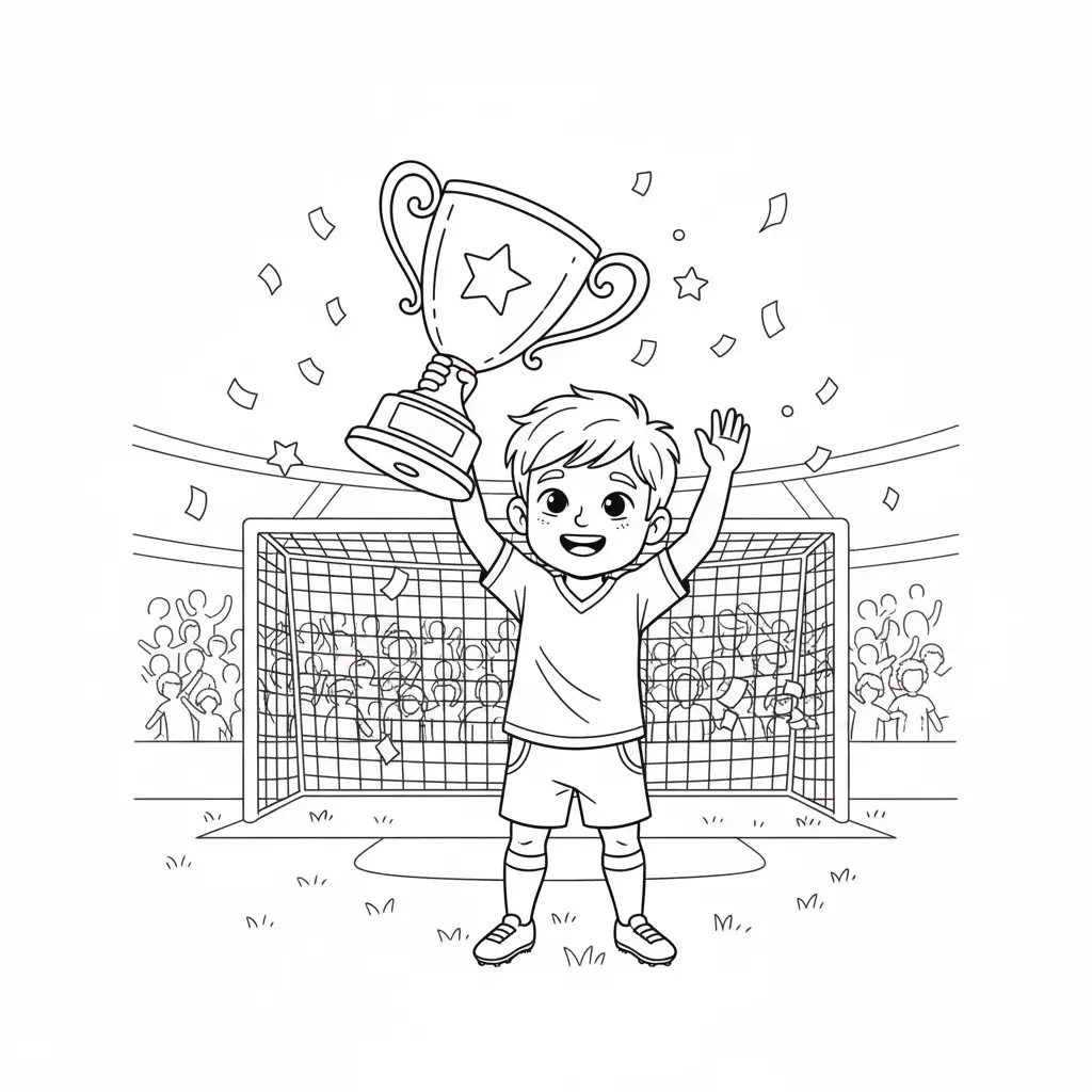 דף צביעה של ילד מניף גביע להדפסה