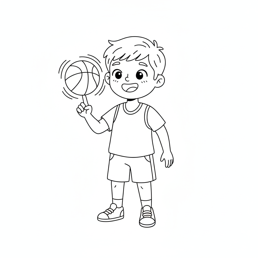 דף צביעה של ילד מסובב כדור על האצבע להדפסה