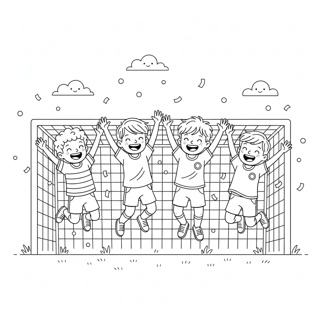 דף צביעה של קבוצת כדורגל חוגגת ניצחון להדפסה