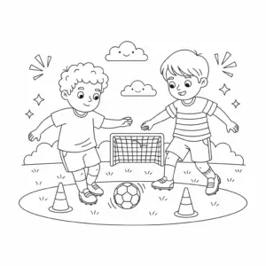 דף צביעה של ילדים באימון כדורגל להדפסה