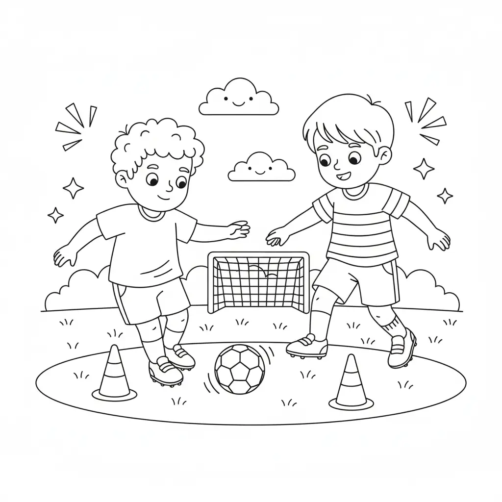 דף צביעה של ילדים באימון כדורגל להדפסה