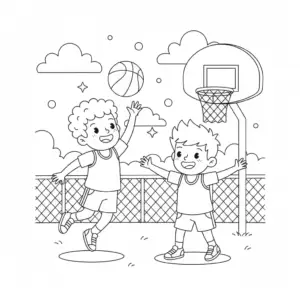 דף צביעה של ילדים משחקים כדורסל להדפסה