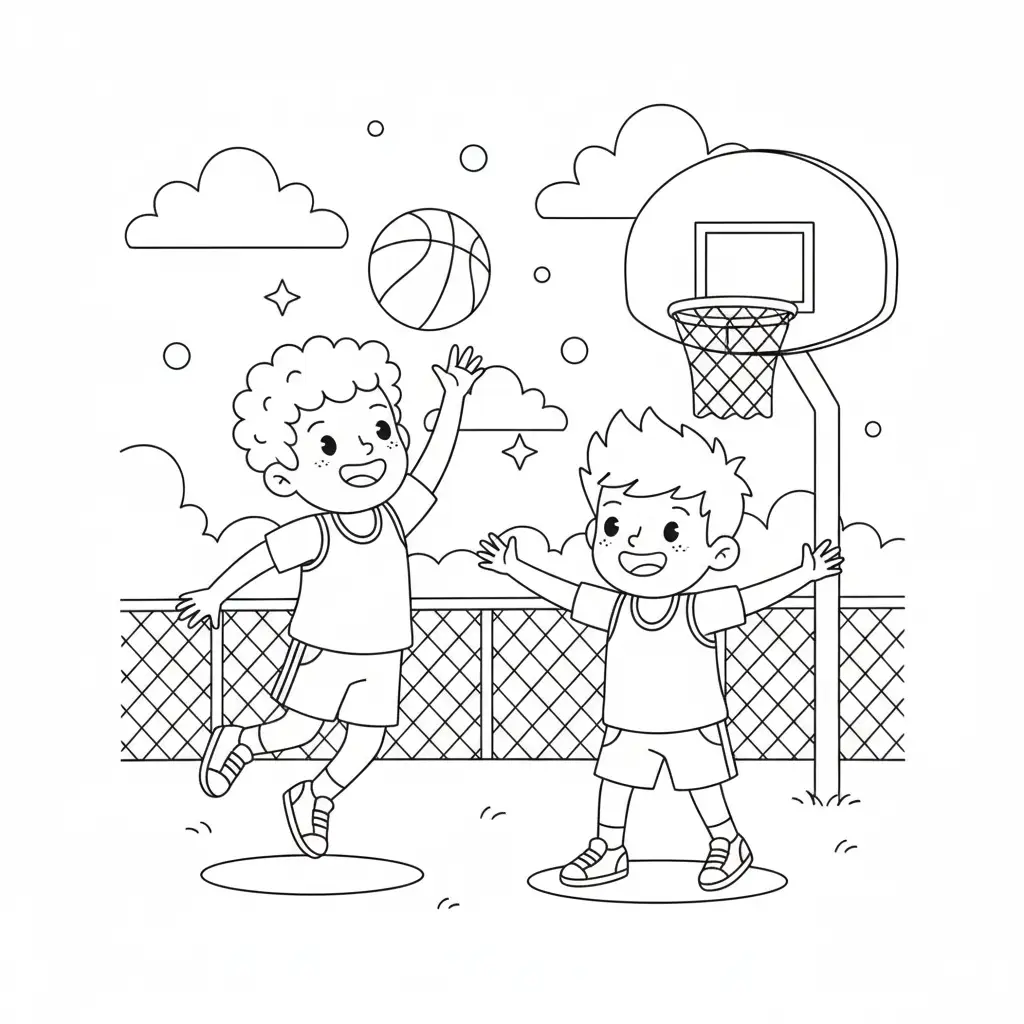 דף צביעה של ילדים משחקים כדורסל להדפסה